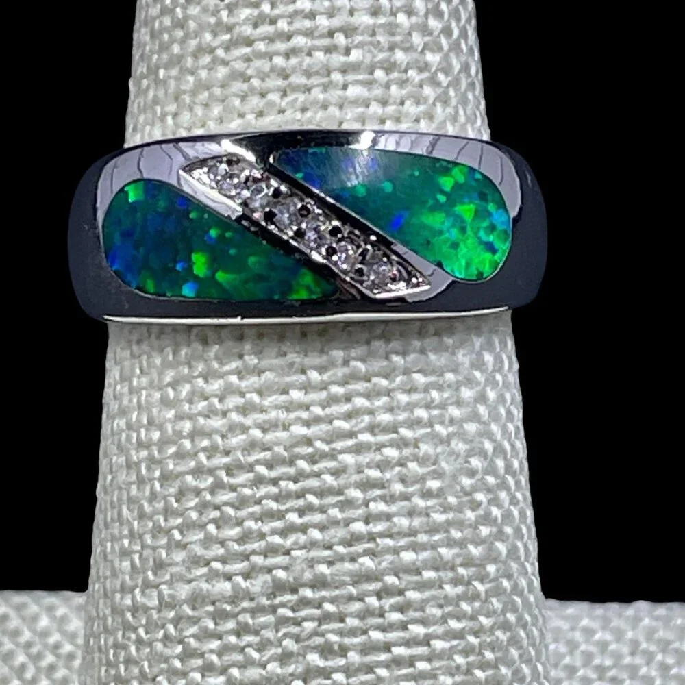 Lia Sophia Blue Green Inlay Ring Silver Tone Crystal Accent Modern Statement Chi